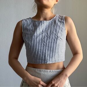 AUS Brand Subtitled Stripes Linen Crop Top Vest w/ Back Zip in Blue & White